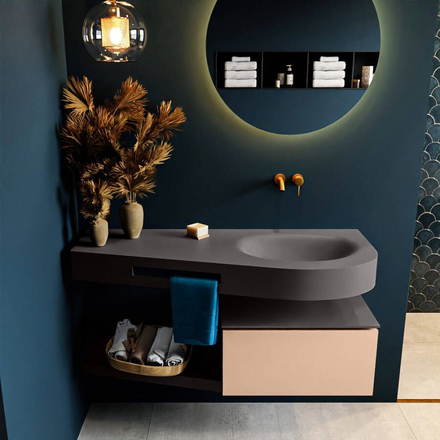 Mondiaz RIVA badmeubelsets 120x50x30cm 1 lade MDF Rosee mat push to open 0 kraangaten 1 wasbak rechts dark grey solid surface RIVA10470