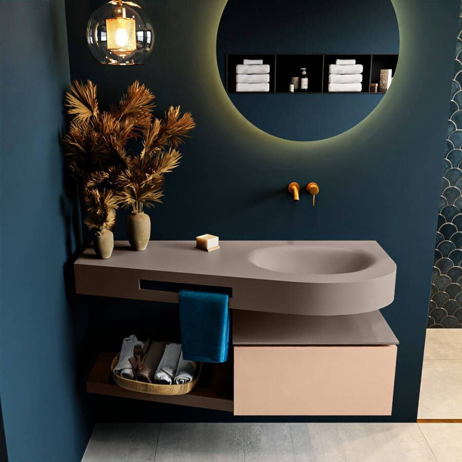 Mondiaz RIVA badmeubelsets 120x50x30cm 1 lade MDF Rosee mat push to open 0 kraangaten 1 wasbak rechts Smoke solid surface RIVA10998 - Foto 1