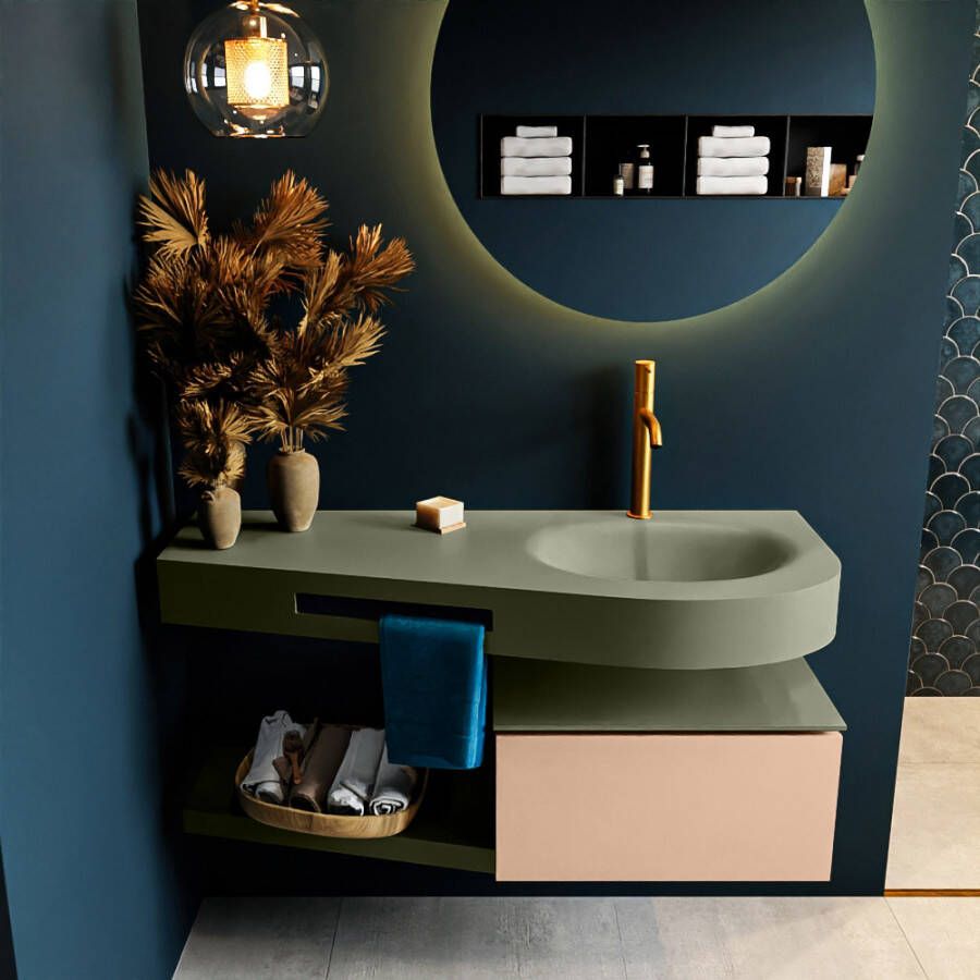 Mondiaz RIVA badmeubelsets 120x50x30cm 1 lade MDF Rosee mat push to open 1 kraangat 1 wasbak rechts Army solid surface RIVA10824