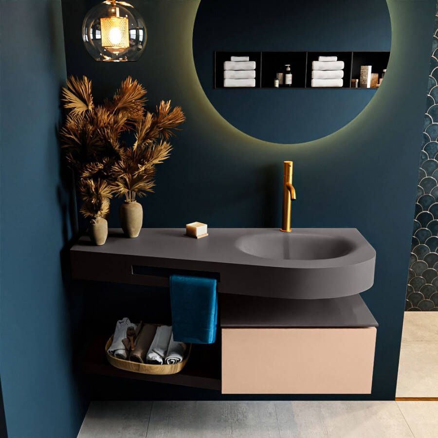 Mondiaz RIVA badmeubelsets 120x50x30cm 1 lade MDF Rosee mat push to open 1 kraangat 1 wasbak rechts dark grey solid surface RIVA10472