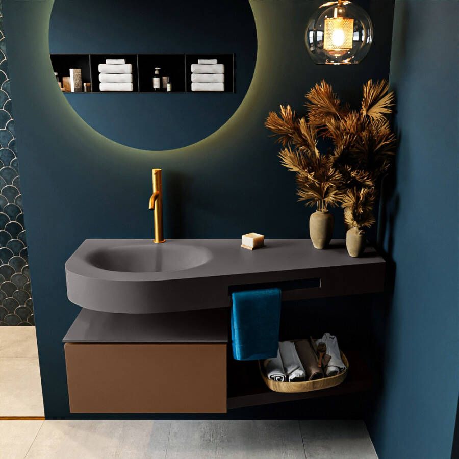 Mondiaz RIVA badmeubelsets 120x50x30cm 1 lade MDF Rust mat push to open 1 kraangat 1 wasbak links dark grey solid surface RIVA10431 - Foto 2