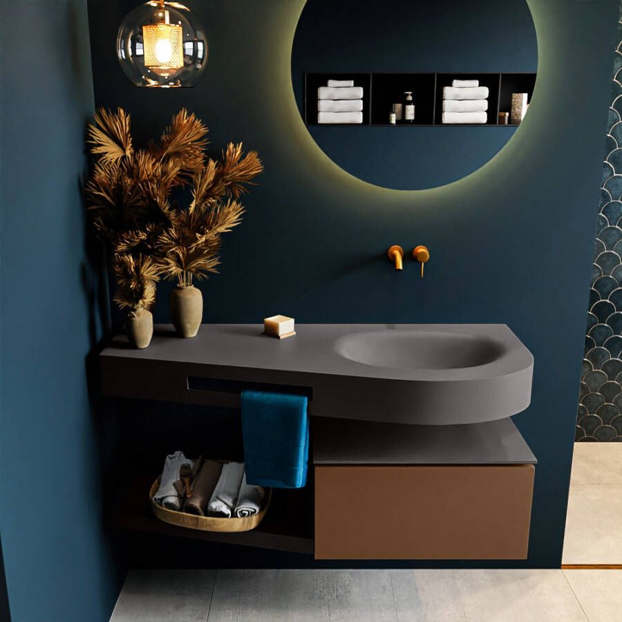 Mondiaz RIVA badmeubelsets 120x50x30cm 1 lade MDF Rust mat push to open 0 kraangaten 1 wasbak rechts dark grey solid surface RIVA10430