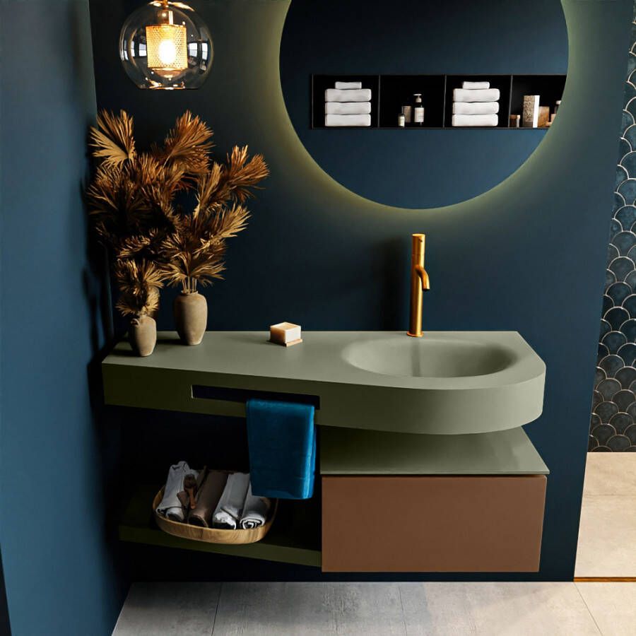 Mondiaz RIVA badmeubelsets 120x50x30cm 1 lade MDF Rust mat push to open 1 kraangat 1 wasbak rechts Army solid surface RIVA10784 - Foto 1