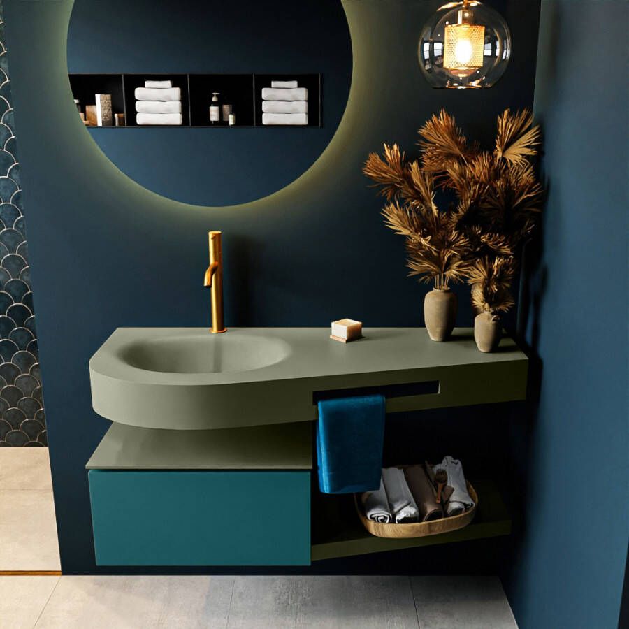 Mondiaz RIVA badmeubelsets 120x50x30cm 1 lade MDF Smag mat push to open 1 kraangat 1 wasbak links Army solid surface RIVA10815