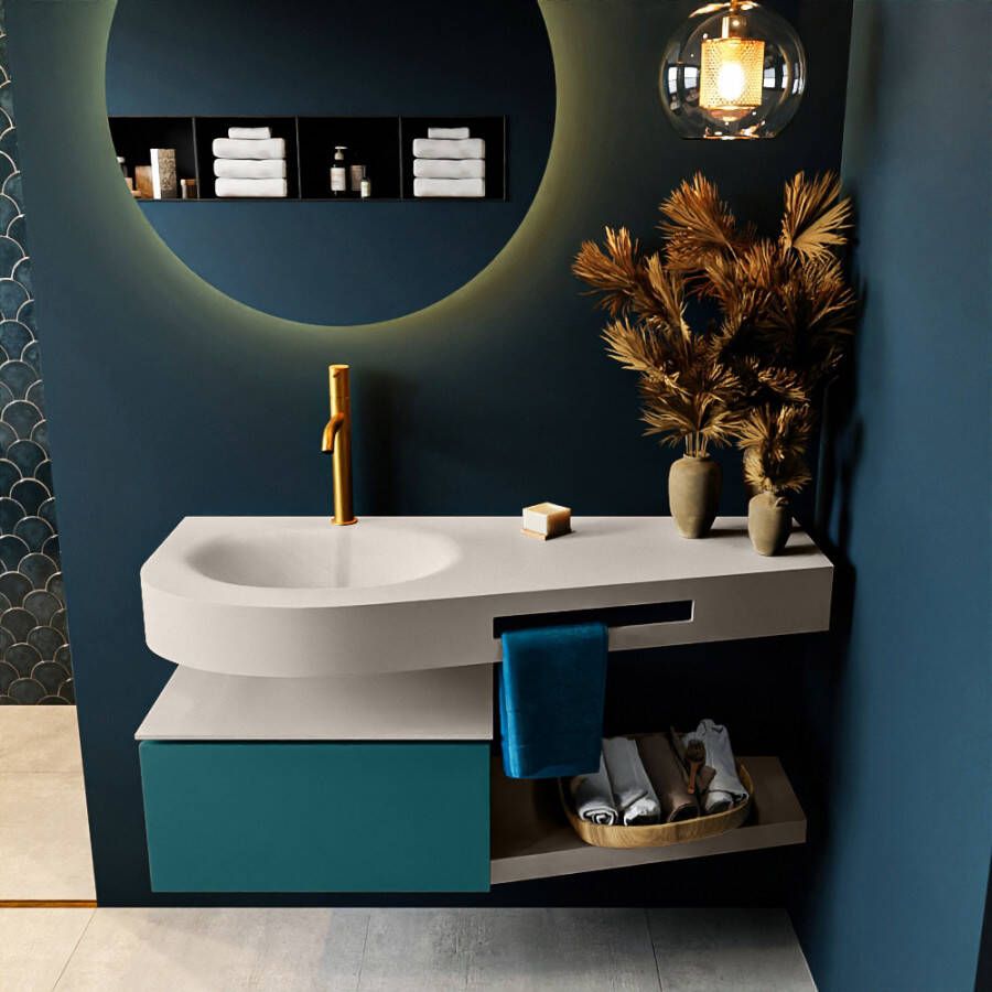 Mondiaz RIVA badmeubelsets 120x50x30cm 1 lade MDF Smag mat push to open 1 kraangat 1 wasbak links Linen solid surface RIVA10639