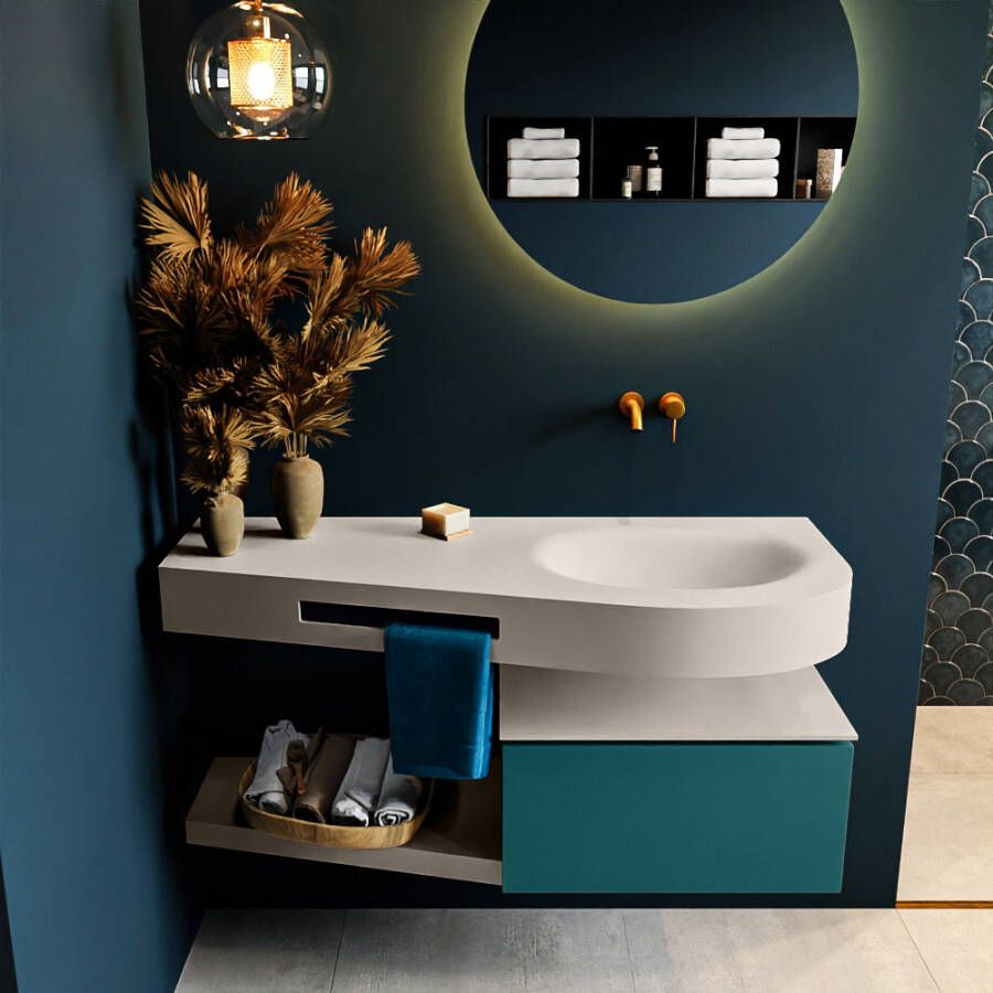 Mondiaz RIVA badmeubelsets 120x50x30cm 1 lade MDF Smag mat push to open 0 kraangaten 1 wasbak rechts Linen solid surface RIVA10638