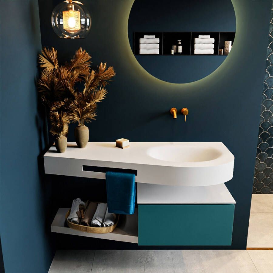 Mondiaz RIVA badmeubelsets 120x50x30cm 1 lade MDF Smag mat push to open 0 kraangaten 1 wasbak rechts Talc solid surface RIVA10110