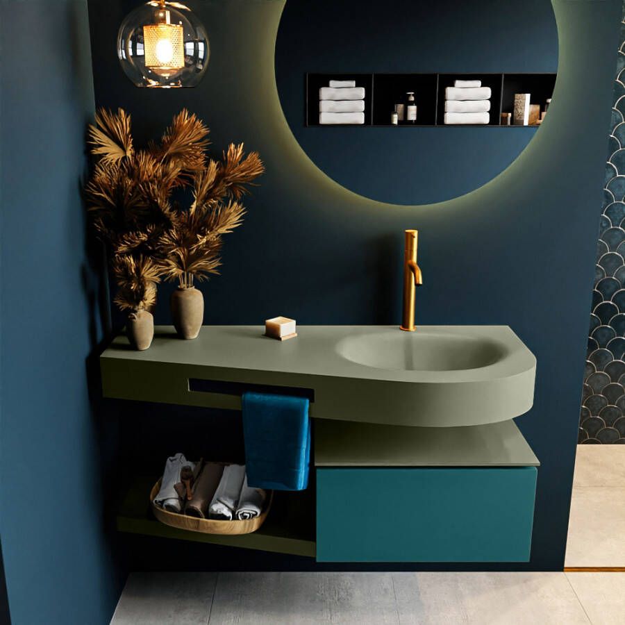 Mondiaz RIVA badmeubelsets 120x50x30cm 1 lade MDF Smag mat push to open 1 kraangat 1 wasbak rechts Army solid surface RIVA10816