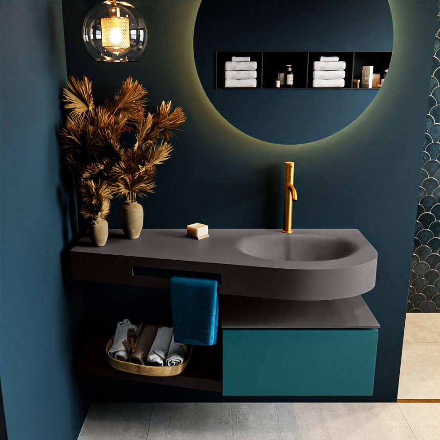 Mondiaz RIVA badmeubelsets 120x50x30cm 1 lade MDF Smag mat push to open 1 kraangat 1 wasbak rechts dark grey solid surface RIVA10464