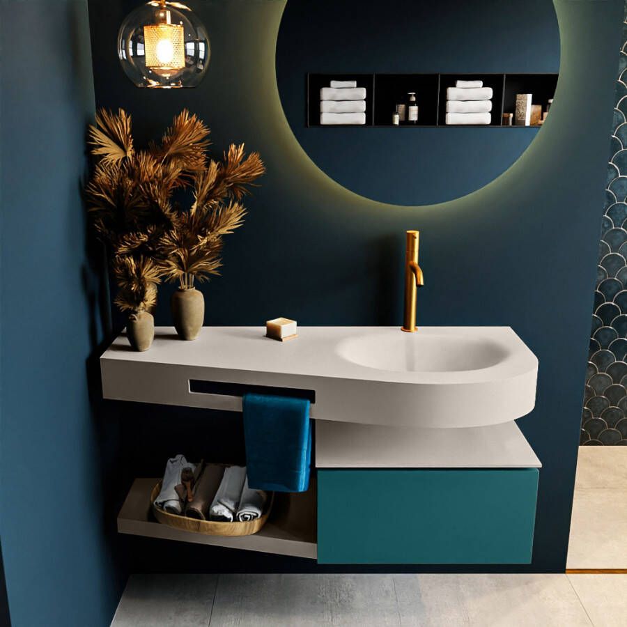 Mondiaz RIVA badmeubelsets 120x50x30cm 1 lade MDF Smag mat push to open 1 kraangat 1 wasbak rechts Linen solid surface RIVA10640