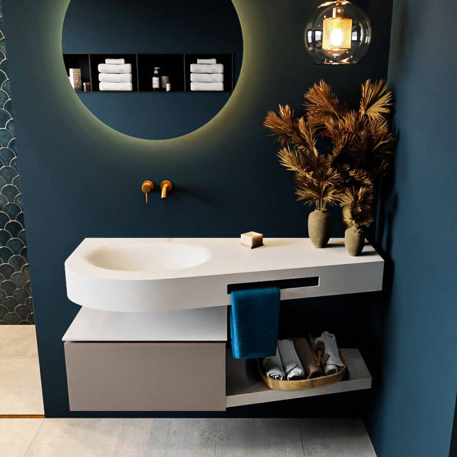 Mondiaz RIVA badmeubelsets 120x50x30cm 1 lade MDF Smoke mat push to open 0 kraangaten 1 wasbak links Talc solid surface RIVA10045