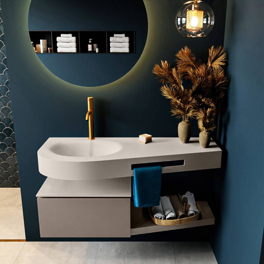 Mondiaz RIVA badmeubelsets 120x50x30cm 1 lade MDF Smoke mat push to open 1 kraangat 1 wasbak links Linen solid surface RIVA10575