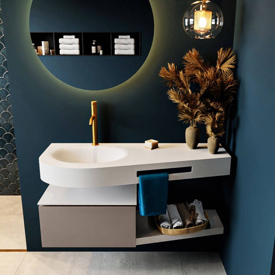 Mondiaz RIVA badmeubelsets 120x50x30cm 1 lade MDF Smoke mat push to open 1 kraangat 1 wasbak links Talc solid surface RIVA10047 - Foto 1