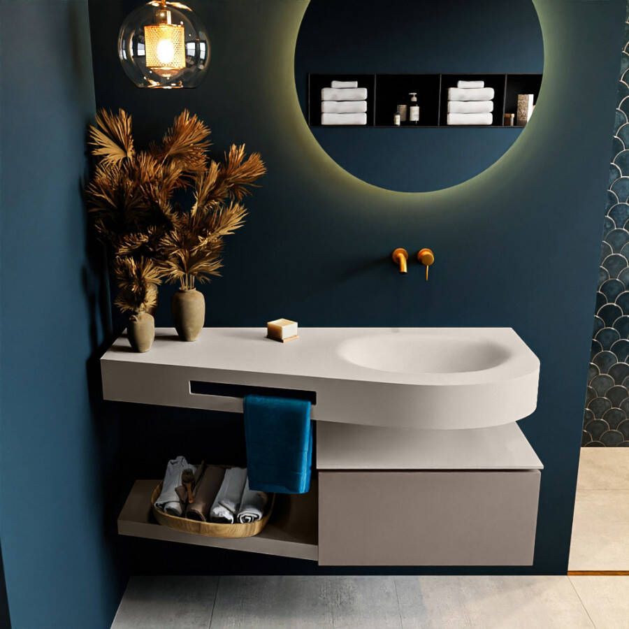 Mondiaz RIVA badmeubelsets 120x50x30cm 1 lade MDF Smoke mat push to open 0 kraangaten 1 wasbak rechts Linen solid surface RIVA10574