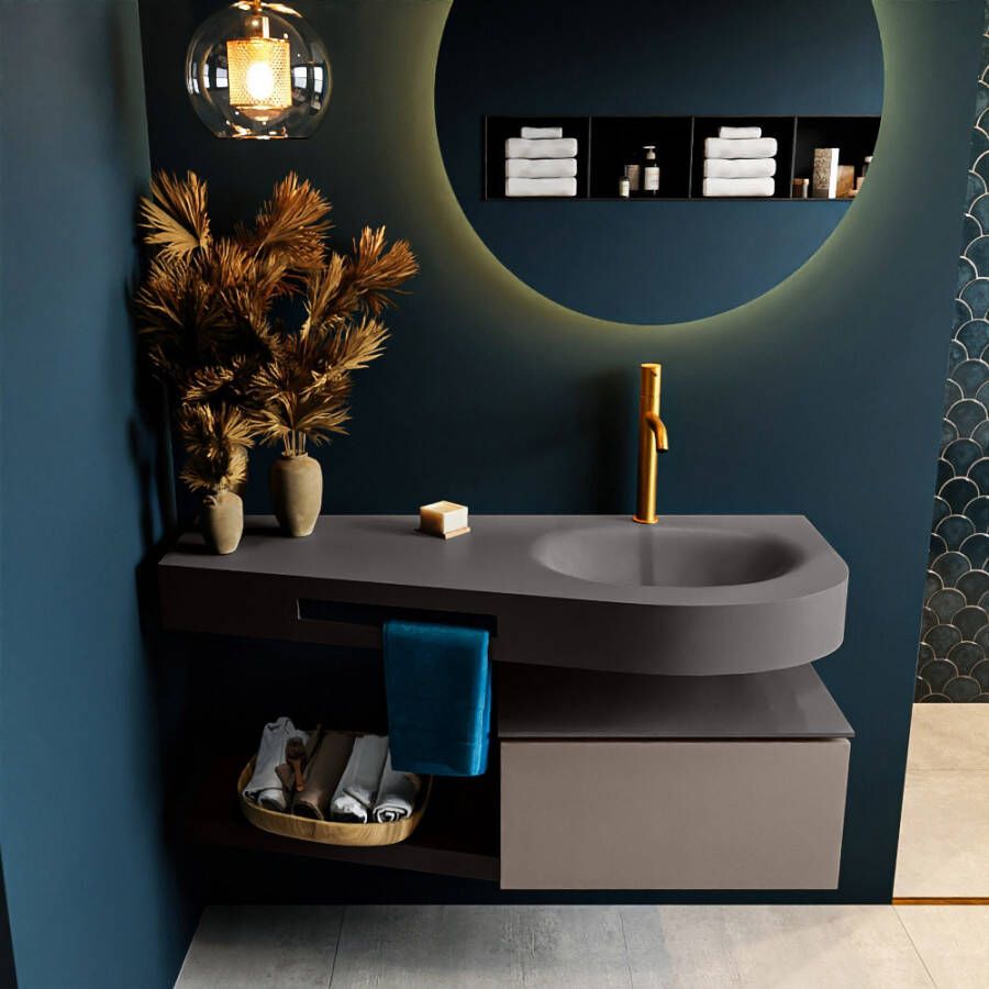 Mondiaz RIVA badmeubelsets 120x50x30cm 1 lade MDF Smoke mat push to open 1 kraangat 1 wasbak rechts dark grey solid surface RIVA10400