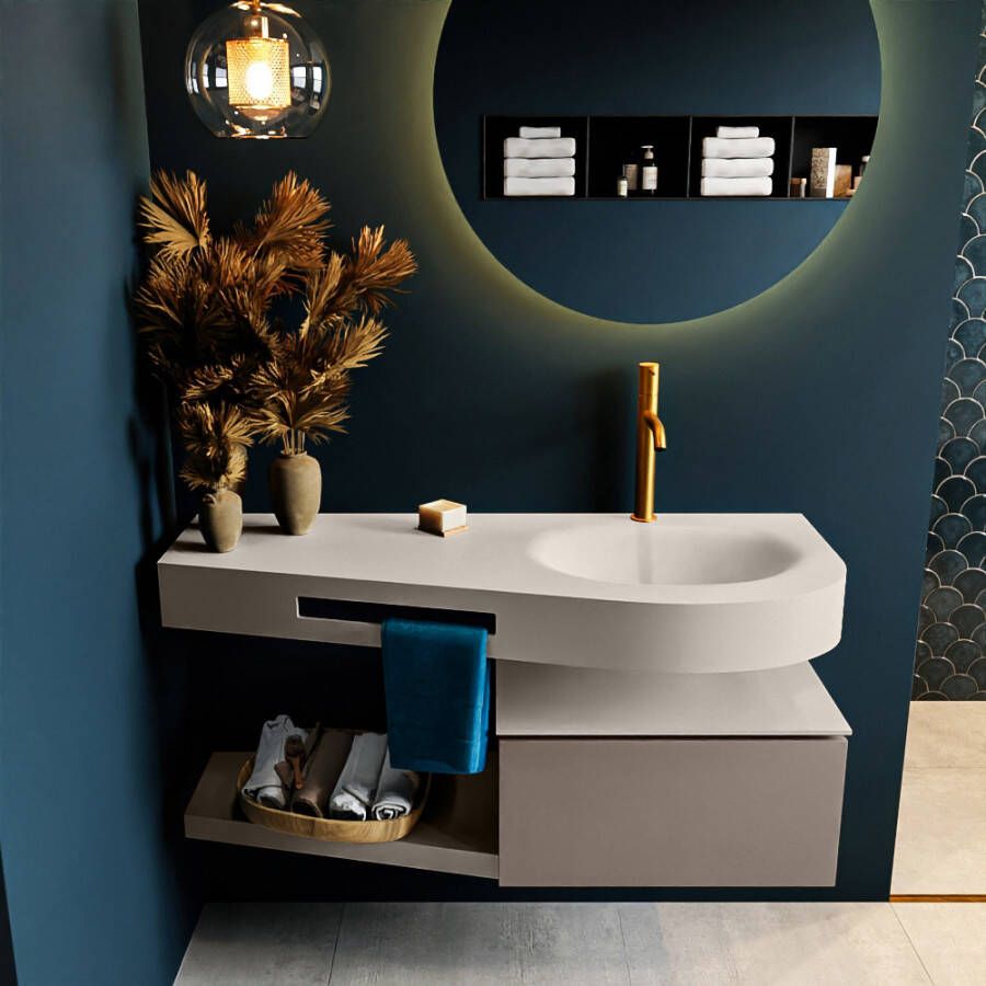 Mondiaz RIVA badmeubelsets 120x50x30cm 1 lade MDF Smoke mat push to open 1 kraangat 1 wasbak rechts Linen solid surface RIVA10576