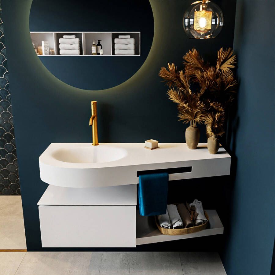 Mondiaz RIVA badmeubelsets 120x50x30cm 1 lade MDF Talc mat push to open 1 kraangat 1 wasbak links Talc solid surface RIVA10007