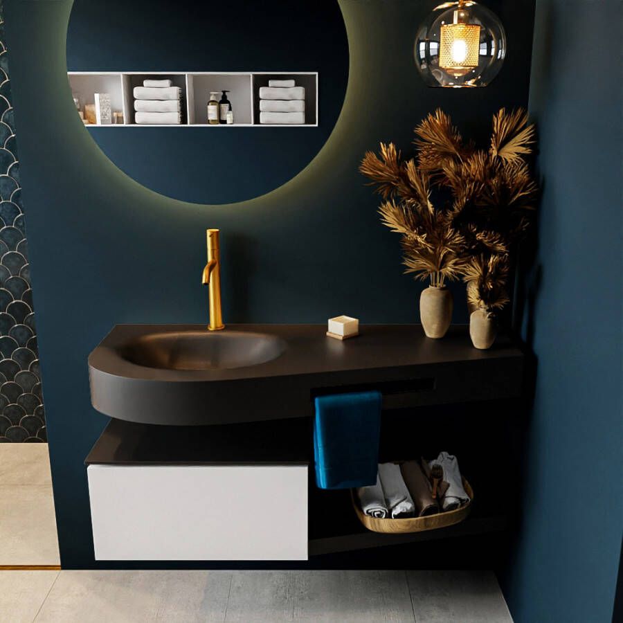 Mondiaz RIVA badmeubelsets 120x50x30cm 1 lade MDF Talc mat push to open 1 kraangat 1 wasbak links Urban solid surface RIVA10183