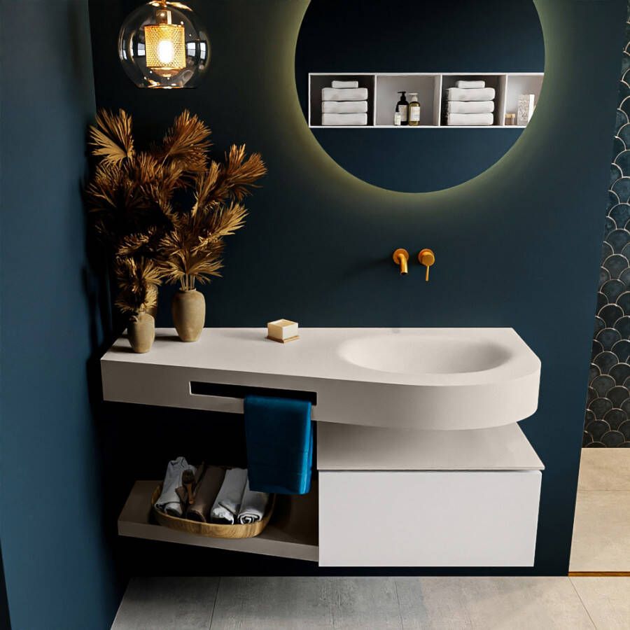 Mondiaz RIVA badmeubelsets 120x50x30cm 1 lade MDF Talc mat push to open 0 kraangaten 1 wasbak rechts Linen solid surface RIVA10534