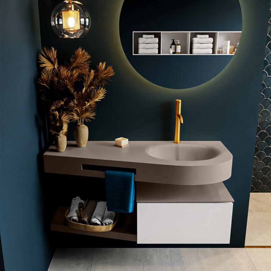 Mondiaz RIVA badmeubelsets 120x50x30cm 1 lade MDF Talc mat push to open 1 kraangat 1 wasbak rechts Smoke solid surface RIVA10888