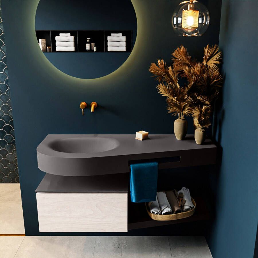 Mondiaz RIVA badmeubelsets 120x50x30cm 1 lade MDF Underlayment mat push to open 0 kraangaten 1 wasbak links dark grey solid surface RIVA10509