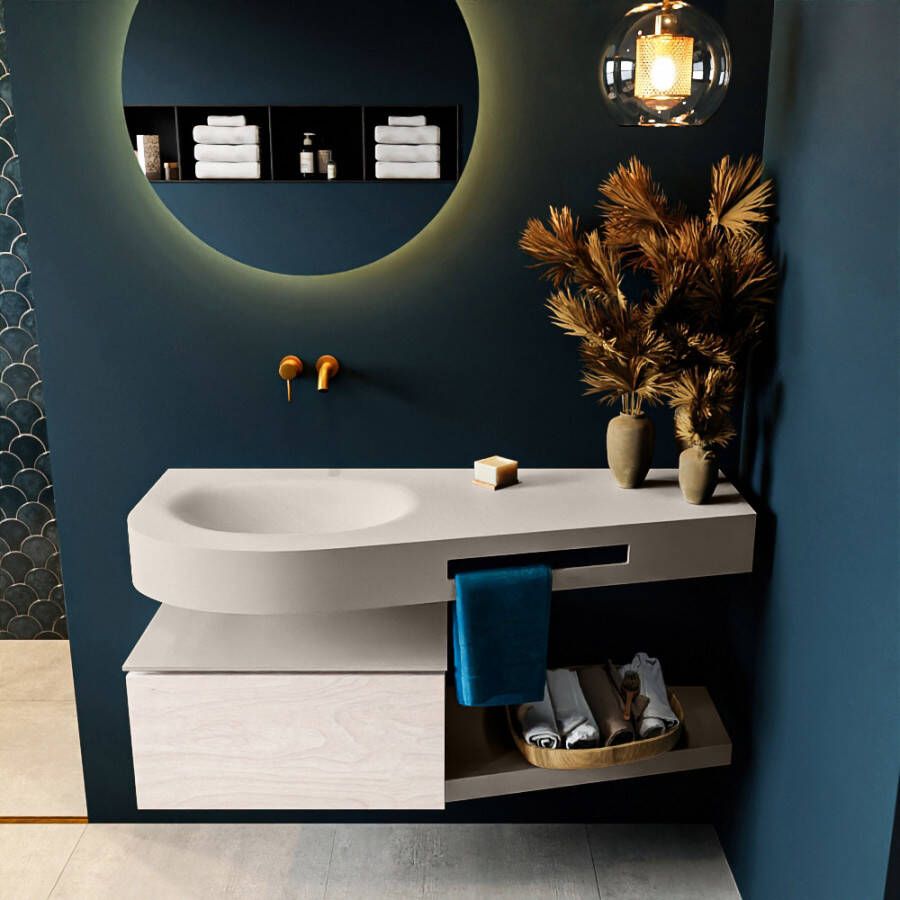 Mondiaz RIVA badmeubelsets 120x50x30cm 1 lade MDF Underlayment mat push to open 0 kraangaten 1 wasbak links Linen solid surface RIVA10685