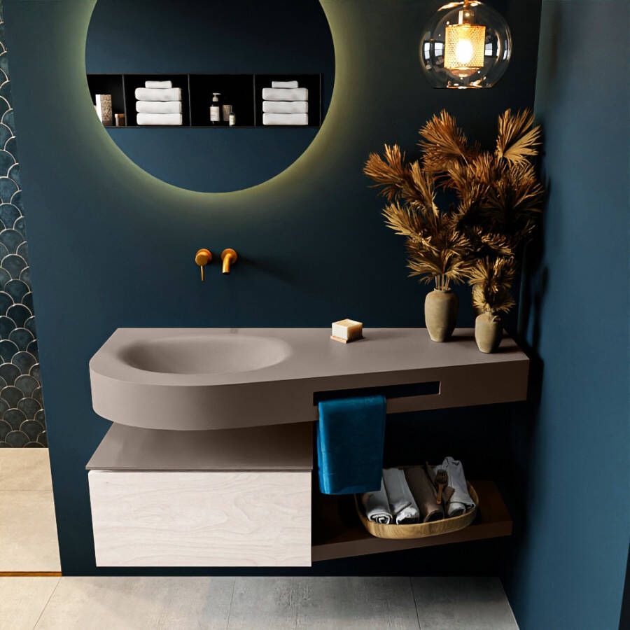 Mondiaz RIVA badmeubelsets 120x50x30cm 1 lade MDF Underlayment mat push to open 0 kraangaten 1 wasbak links Smoke solid surface RIVA11037