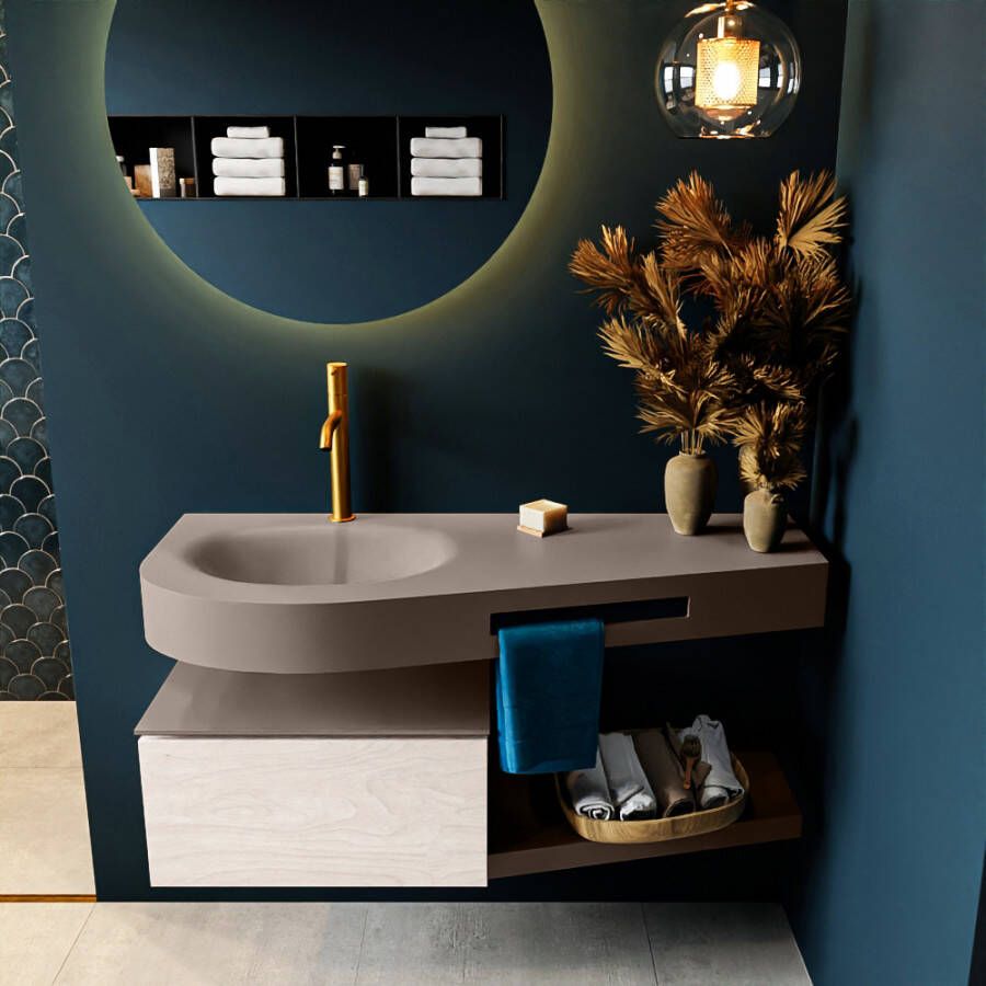 Mondiaz RIVA badmeubelsets 120x50x30cm 1 lade MDF Underlayment mat push to open 1 kraangat 1 wasbak links Smoke solid surface RIVA11039