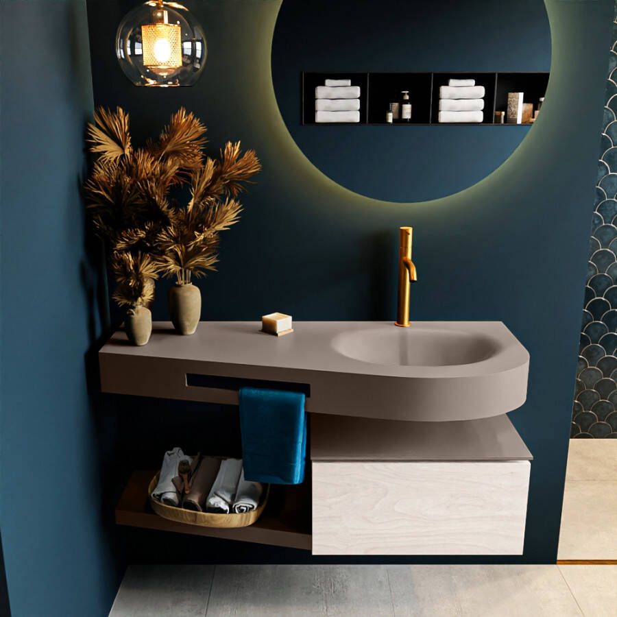 Mondiaz RIVA badmeubelsets 120x50x30cm 1 lade MDF Underlayment mat push to open 1 kraangat 1 wasbak rechts Smoke solid surface RIVA11040