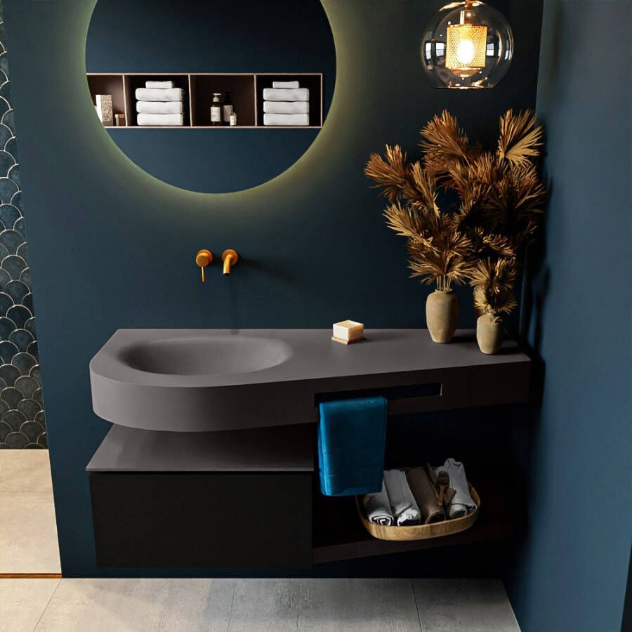 Mondiaz RIVA badmeubelsets 120x50x30cm 1 lade MDF Urban mat push to open 0 kraangaten 1 wasbak links dark grey solid surface RIVA10365