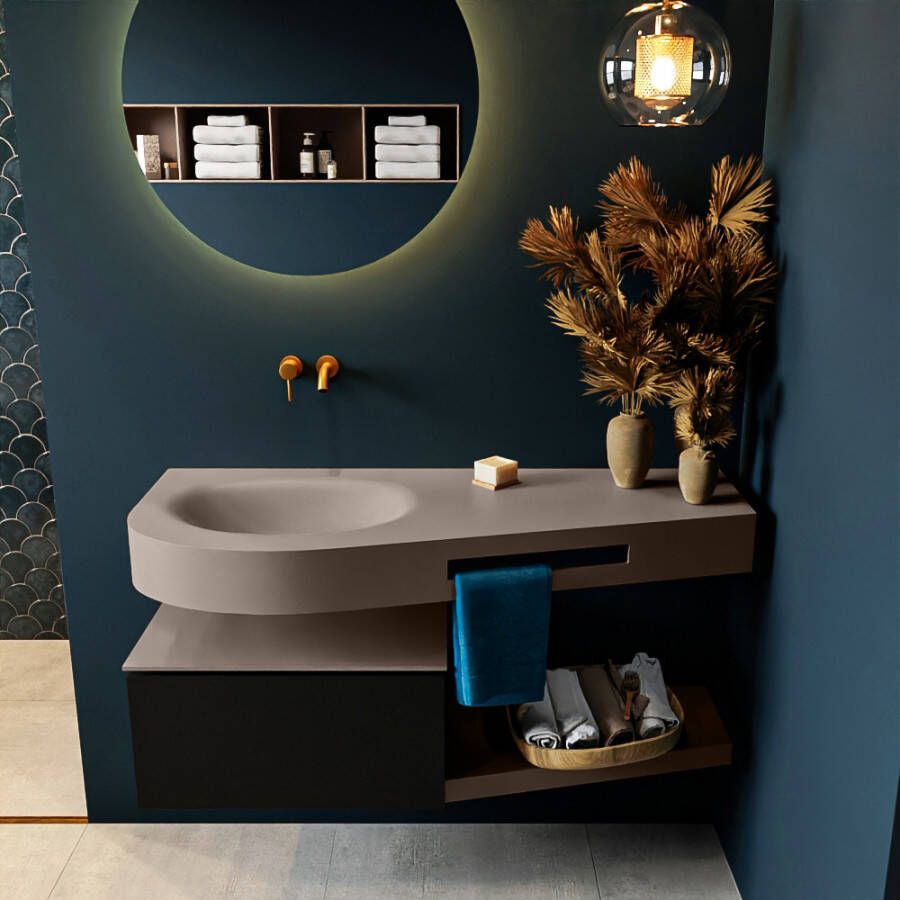 Mondiaz RIVA badmeubelsets 120x50x30cm 1 lade MDF Urban mat push to open 0 kraangaten 1 wasbak links Smoke solid surface RIVA10893