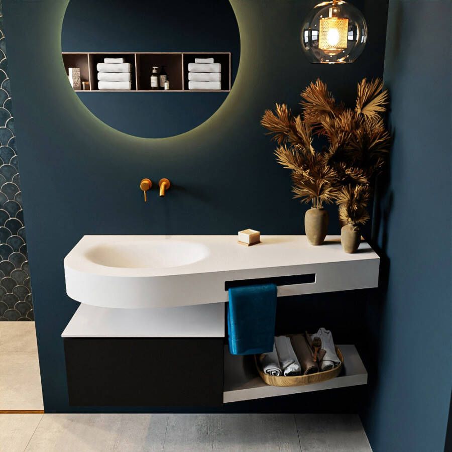 Mondiaz RIVA Badkamermeubelset 120x50x30cm 1 lade MDF Urban mat push to open 0 kraangaten wasbak links solid surface talc RIVA10013