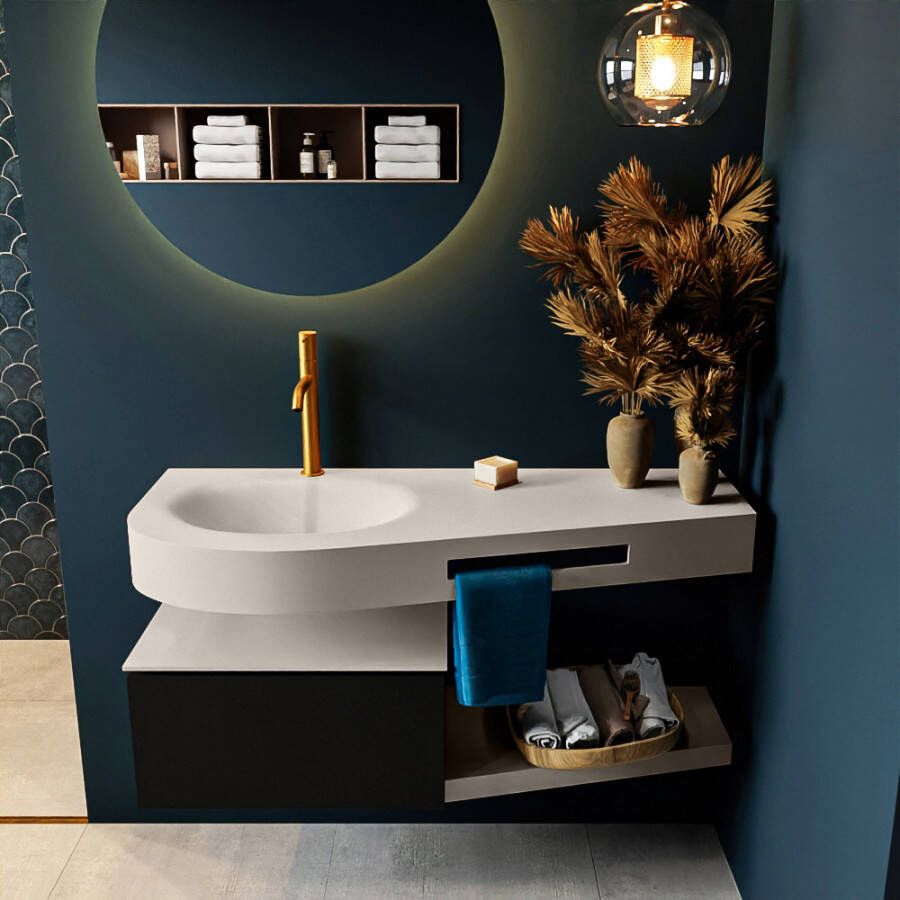 Mondiaz RIVA badmeubelsets 120x50x30cm 1 lade MDF Urban mat push to open 1 kraangat 1 wasbak links Linen solid surface RIVA10543