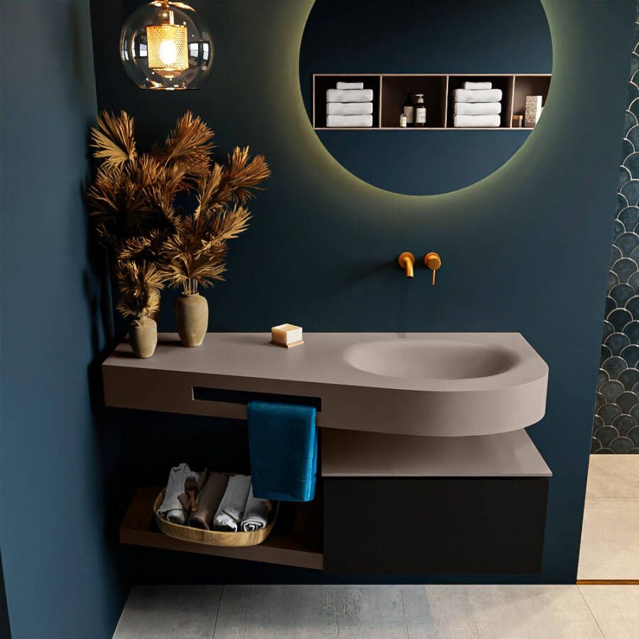 Mondiaz RIVA badmeubelsets 120x50x30cm 1 lade MDF Urban mat push to open 0 kraangaten 1 wasbak rechts Smoke solid surface RIVA10894