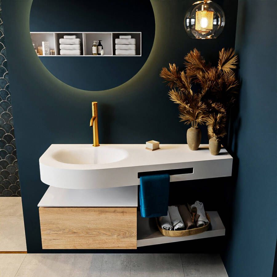 Mondiaz RIVA badmeubelsets 120x50x30cm 1 lade MDF Washed Oak mat push to open 1 kraangat 1 wasbak links Talc solid surface RIVA10127 - Foto 2