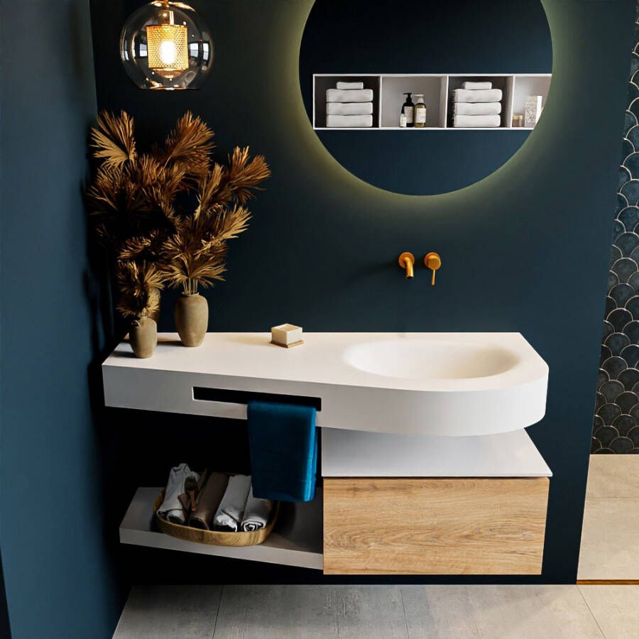 Mondiaz RIVA badmeubelsets 120x50x30cm 1 lade MDF Washed Oak mat push to open 0 kraangaten 1 wasbak rechts Talc solid surface RIVA10126