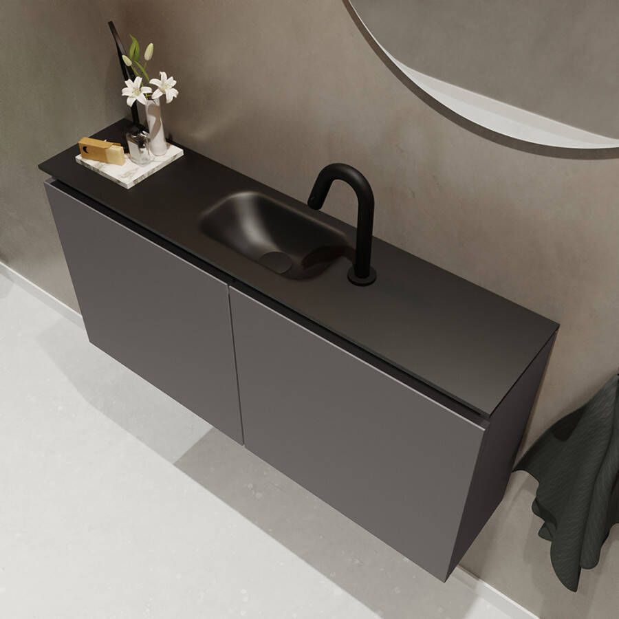 Mondiaz TURE Toiletmeubel 100x23x50cm met 1 kraangaten 2 deuren dark grey mat Wastafel Eden midden Solid Surface Zwart FK75341436
