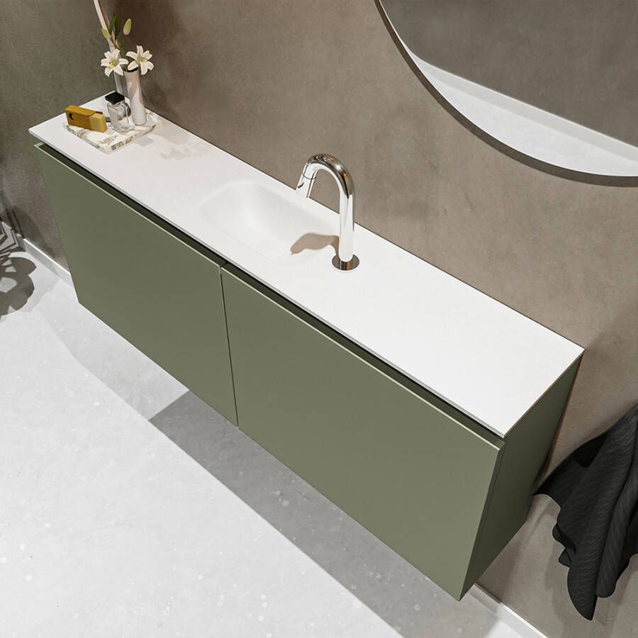 Mondiaz TURE Fonteinset 120x23x50cm 1 kraangat 2 deuren army mat Wasbak midden Solid Surface Wit FK75341145