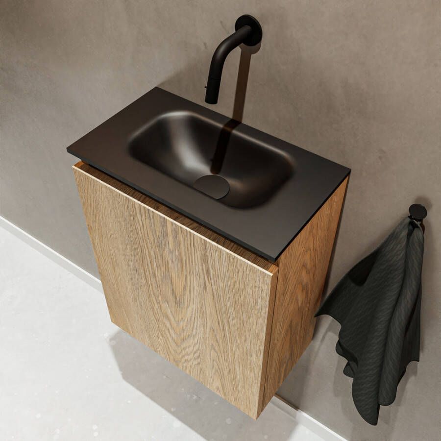 Mondiaz TURE Fonteinset 40x23x50cm 0 kraangaten 1 deur washed oak mat Wasbak midden Solid Surface Zwart FK75341622 - Foto 2