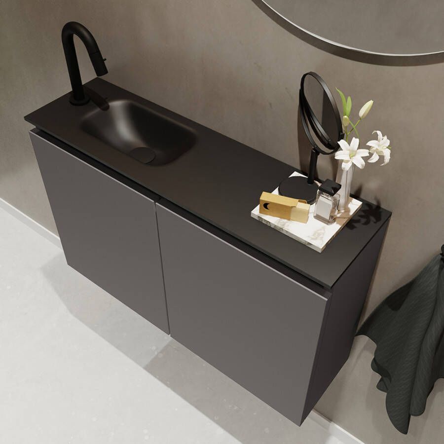 Mondiaz TURE Toiletmeubel 80x23x50cm met 1 kraangaten 2 deuren dark grey mat Wastafel Eden links Solid Surface Zwart FK75341432
