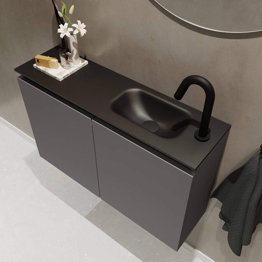 Mondiaz TURE Toiletmeubel 80x23x50cm met 1 kraangaten 2 deuren dark grey mat Wastafel Eden rechts Solid Surface Zwart FK75341434