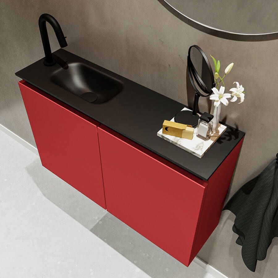 Mondiaz TURE Toiletmeubel 80x23x50cm met 1 kraangaten 2 deuren fire mat Wastafel Eden links Solid Surface Zwart FK75341548