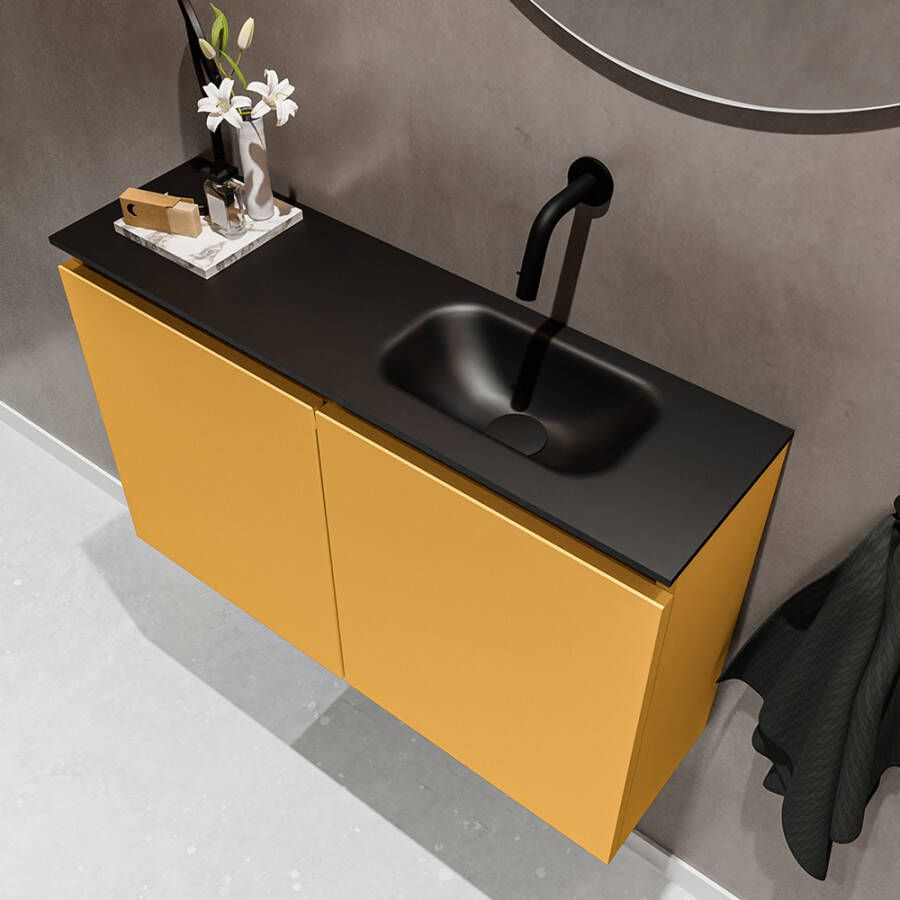 Mondiaz TURE Toiletmeubel 80x23x50cm met 0 kraangaten 2 deuren ocher mat Wastafel Eden rechts Solid Surface Zwart FK75341522