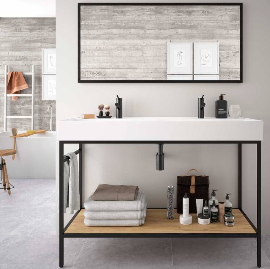 Muebles Davinci staand badkamermeubel 120cm inclusief wastafel 2 kraangaten mat zwart frame