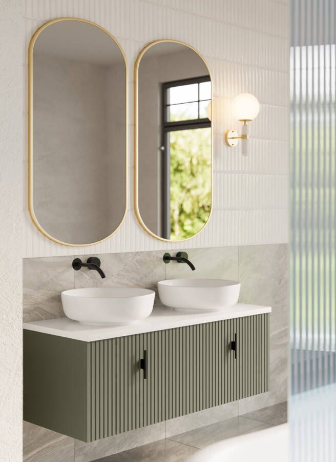 Muebles Ezra badmeubel ribbelfront 120cm legergroen met wit toppaneel zonder waskom