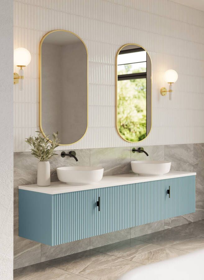 Muebles Ezra badmeubel ribbelfront 200cm baby blauw met wit toppaneel zonder waskom