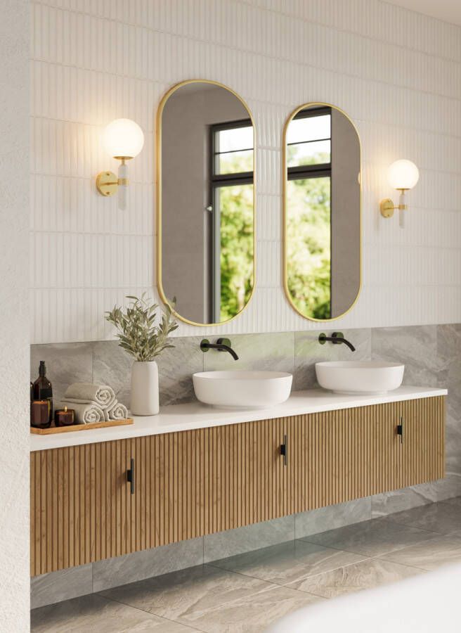 Muebles Ezra badmeubel ribbelfront 240cm warm eiken met wit toppaneel zonder waskom
