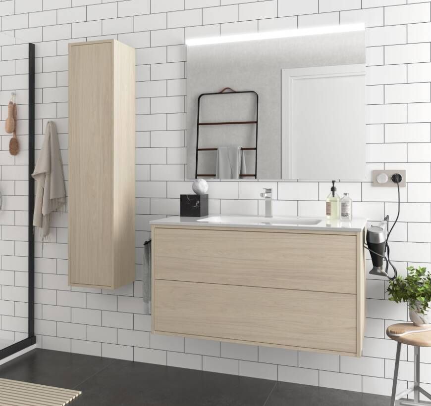 Muebles Ideal badkamermeubel 100cm licht eiken met spiegel en spiegellamp