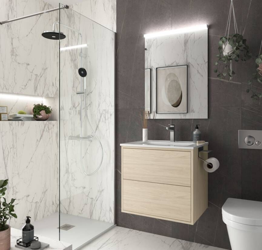 Muebles Ideal badkamermeubel 60cm licht eiken met spiegel en spiegellamp