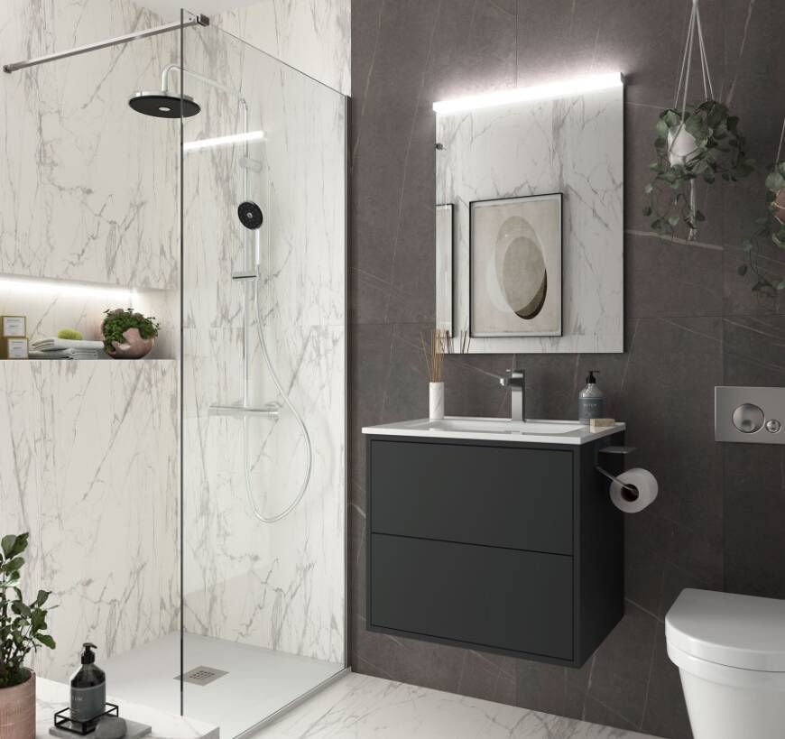 Muebles Ideal badkamermeubel 60cm mat zwart met spiegel en spiegellamp